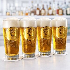 Statue Of Liberty Centennial Highball Glasses 22K Gold Medallion Vtg 1986 4 Pcs